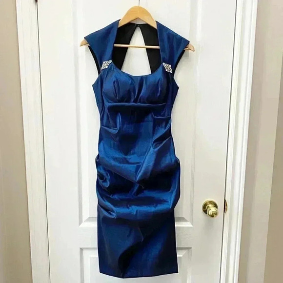 BA Nites Cocktail Party Dress Evening Bodycon Midi Ruched Blue Satin Size 4 - Picture 4 of 16
